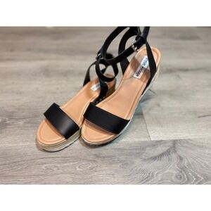 Steve Madden Jaide Espadrille Wedge Sandals Black Ankle Strap Cork Platform 8